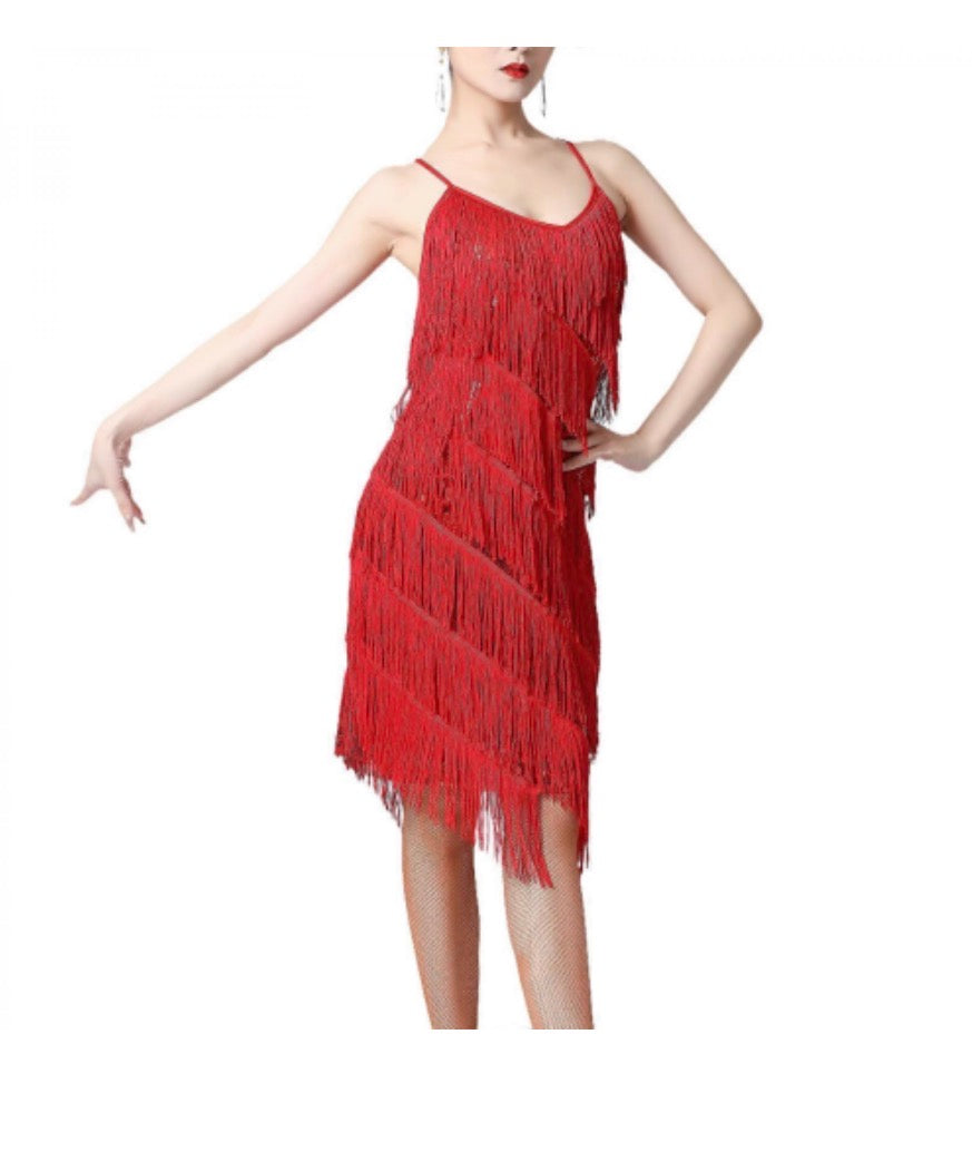 Women Sequin Tassel Dress Dancewear Fringe Latin Dance Dress for Club TangoRedM