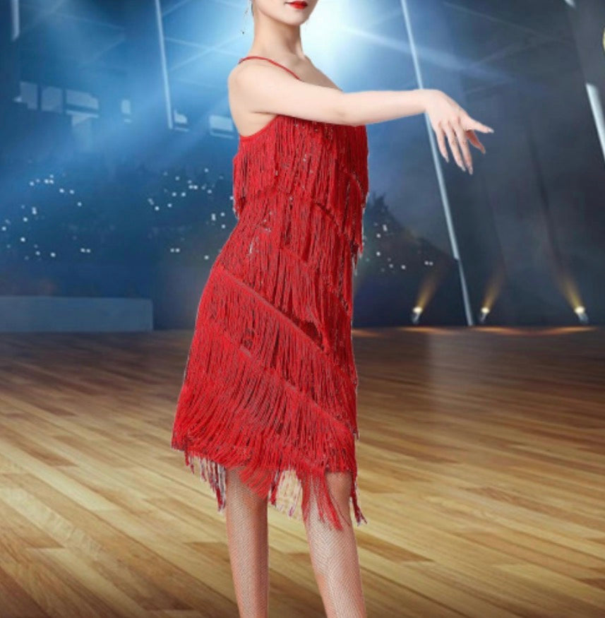 Women Sequin Tassel Dress Dancewear Fringe Latin Dance Dress for Club TangoRedM