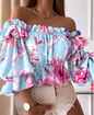 Off-Shoulder Frill Sleeve Crop Blouse