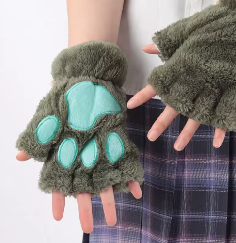 Cute Plush Cat Paw Fingerless Gloves