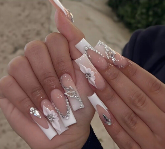 24 Long Square French Tip 3D Butterfly Flower Press On False Nails