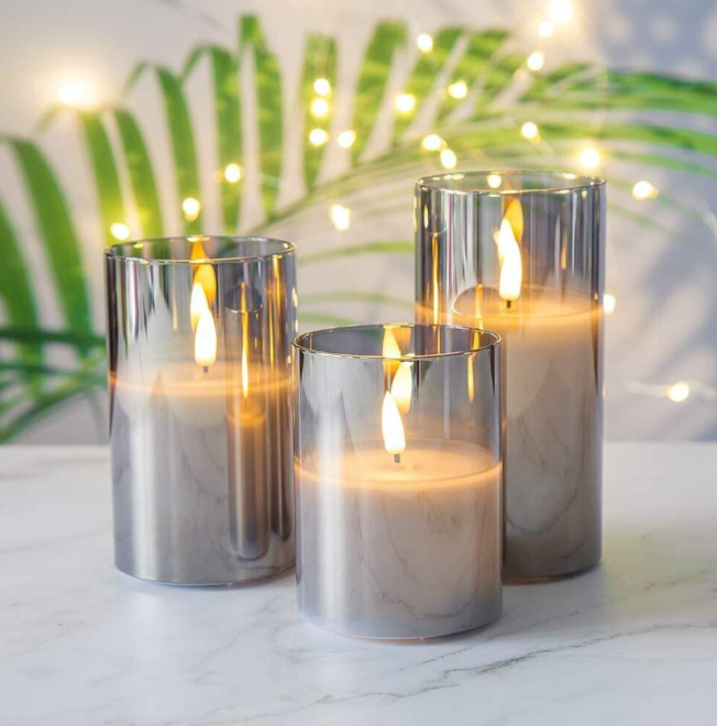 Silver Gray Glass Flameless Flickering Candle Light with Remote Control