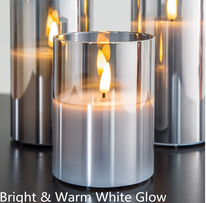 Silver Gray Glass Flameless Flickering Candle Light with Remote Control