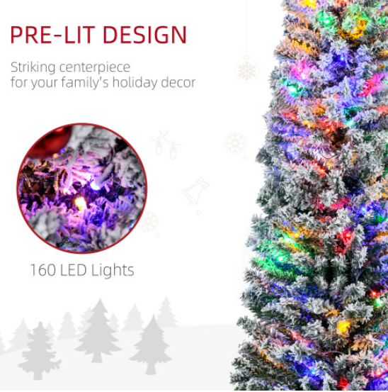 HOMCOM 6ft Flocked Artificial Christmas Tree with LED Lights