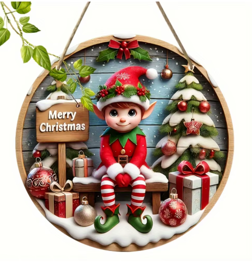 Elf Merry Christmas Wooden Hanging Plaque