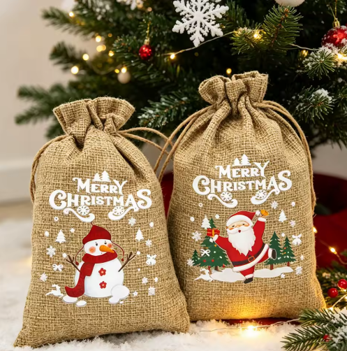 Christmas Hessian Drawstring Gift Bags – 5 Pack