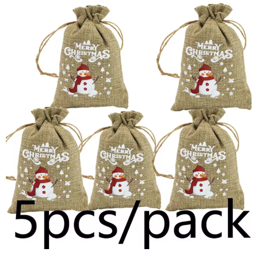 Christmas Hessian Drawstring Gift Bags – 5 Pack