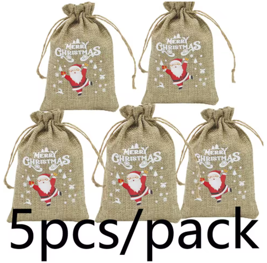 Christmas Hessian Drawstring Gift Bags – 5 Pack