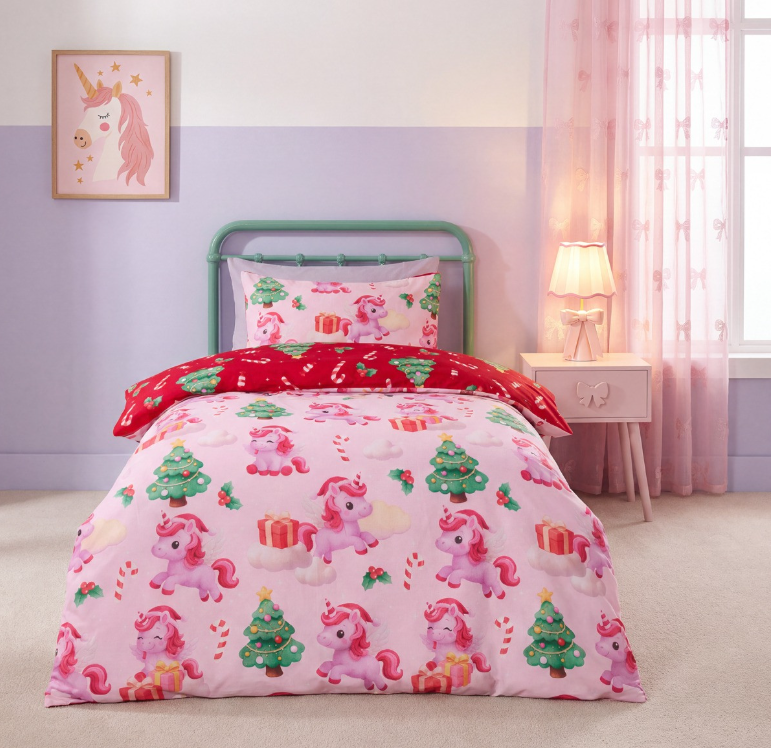 Christmas Unicorn Print Reversible Single Duvet Cover Set