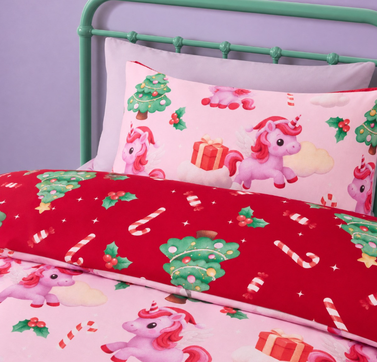 Christmas Unicorn Print Reversible Single Duvet Cover Set