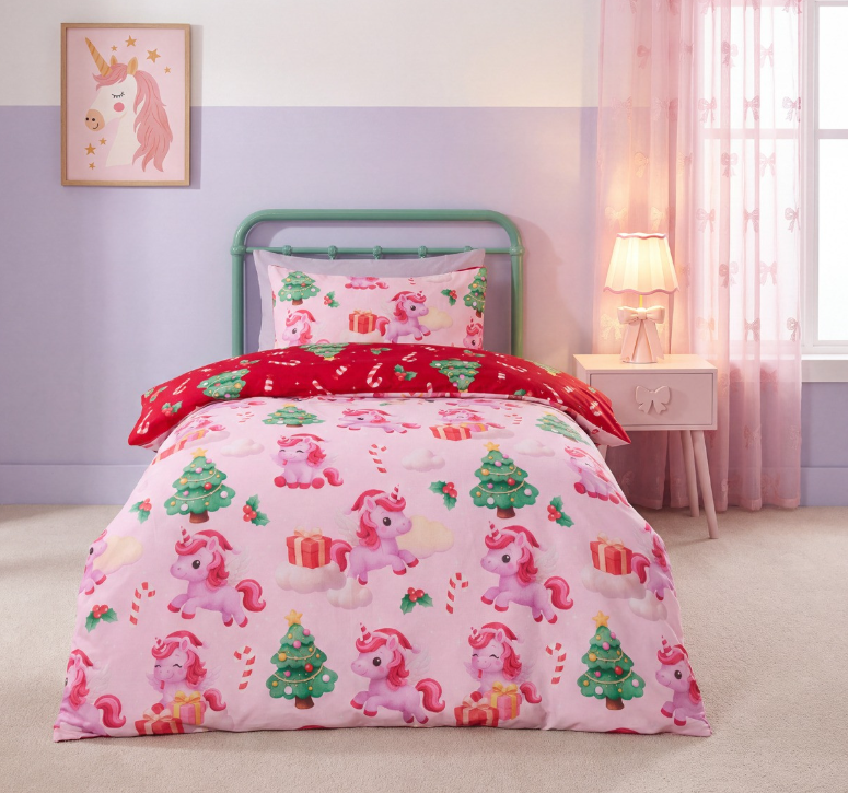 Christmas Unicorn Print Reversible Single Duvet Cover Set