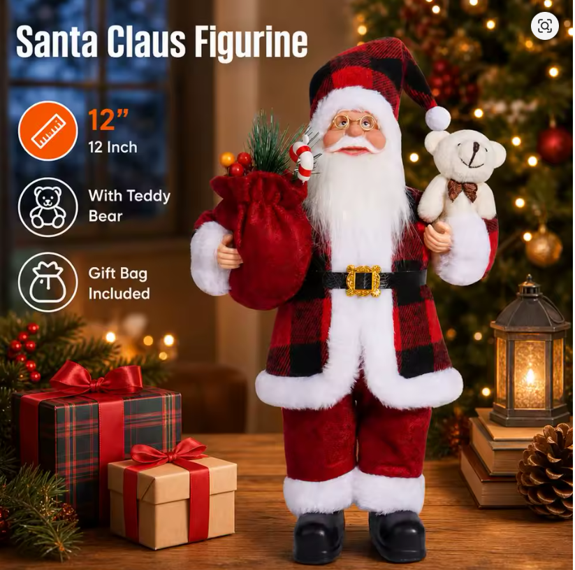 12-Inch Santa Claus Christmas Figurine with Teddy Bear &amp; Gift Sack