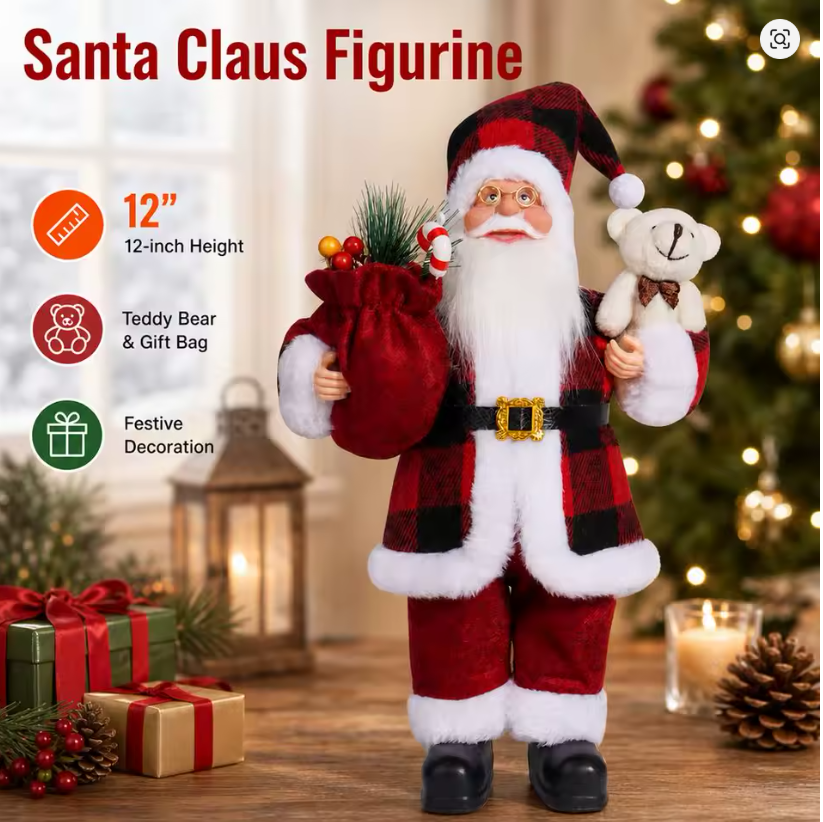 12-Inch Santa Claus Christmas Figurine with Teddy Bear &amp; Gift Sack
