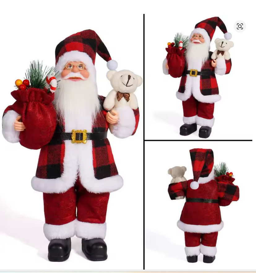 12-Inch Santa Claus Christmas Figurine with Teddy Bear &amp; Gift Sack